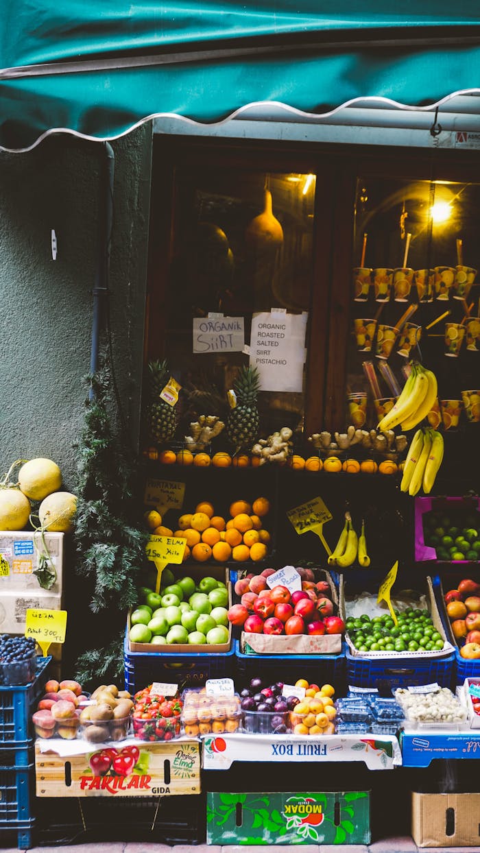Vibrant fruit market with diverse produce and rustic feel, perfect for travel enthusiasts.